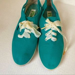 Vintage P.D.Q cutout lace up casual garden shoes green blue size 10